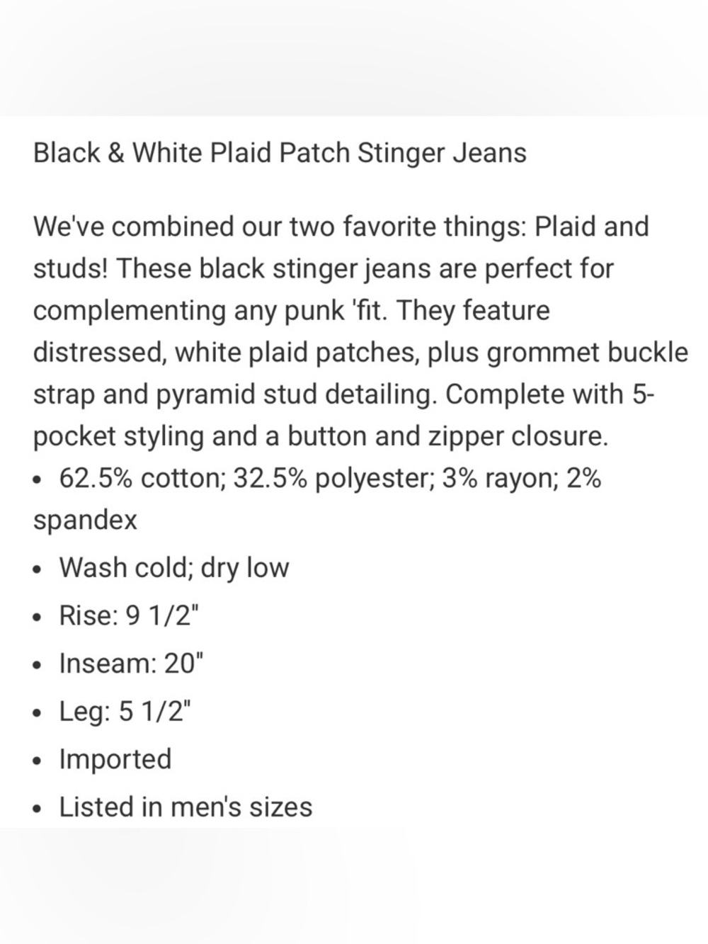 Hot Topic Black and white plaid patch Stinger jeans - Picture 3 of 5